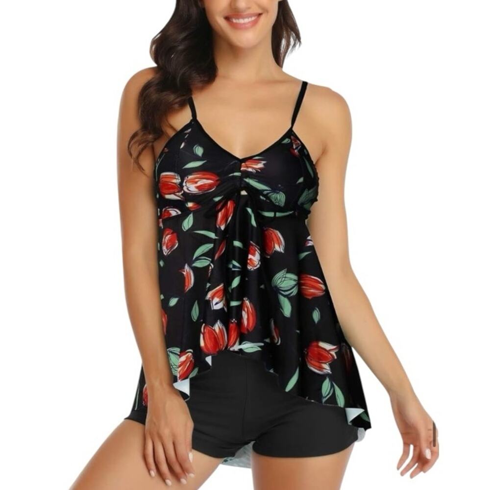 Coeur De Vague Floral Tulip Black Tankini Boyshort 2 Piece Swimsuit MEDIUM NWT
